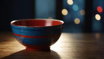 Brightly lit bowl in red and blue colors placed on table Can be used as decorative item or for adding ambiance to room. photo