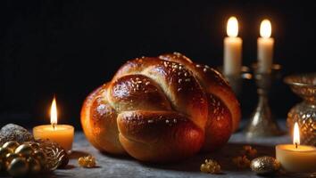 Challah, Jewish holiday Rosh Hashanah candle blessing background with copy space. photo