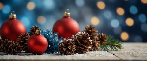Christmas - Banner Of Red Ornament, Pine-cones And Branches On Snowy Wooden Table With Blue Bokeh Background. photo