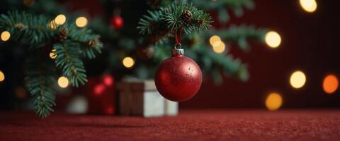 Christmas Tree With Ornament And Bokeh Lights In Red Background. photo