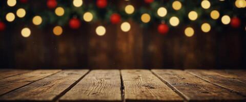 Christmas background with empty wooden deck table. photo