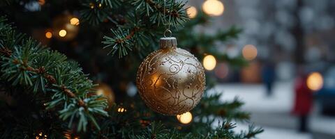 Christmas ball on a Christmas tree on the street Winter snowy background with lens flare bokeh highlights. photo