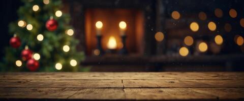 Christmas holiday background with empty rustic table. photo