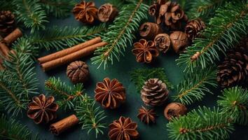 Christmas green background with fir tree and cones, cinnamon, anise Flat lay, top view with copy space. photo