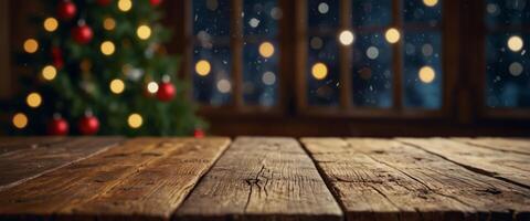 Christmas holiday background with empty rustic table. photo