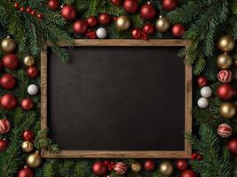 Christmas or Happy New Year composition Frame made of fir tree branches, holiday decorations, candy and gift boxes. photo