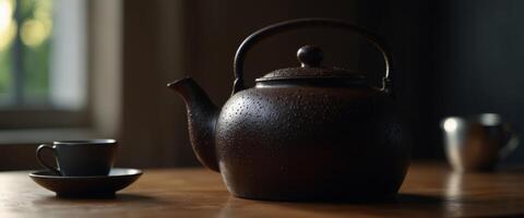 Dark tea pot on desk and free space for your decoration. photo