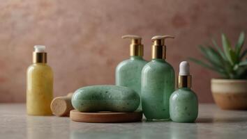 Cosmetic products - Jade roller and gua sha massager with cream and serum bottles at pastel background Spa background Top view with copy space. photo