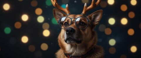 Dog in party glasses with reindeer horns, celebrates the New Year. photo