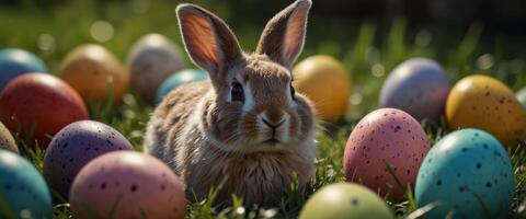 Easter Bunny Surrounded by Colorful Eggs in a Grass Field. photo