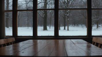 Empty table and winter window in background. photo