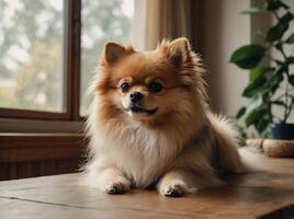 Fluffy adorable Pomeranian dog in stylish bow tie, sitting on wooden table in bright room at home, neutral walls, a few decorative items, a large window allowing sunlight to flood in. photo