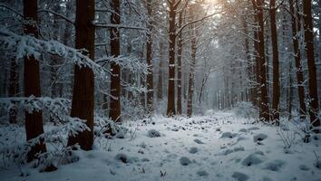 Get lost in the tranquil and magical ambiance of a snow covered Christmas forest This serene background is ideal for capturing the essence of the holiday season Copy space image. photo