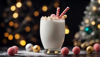 Hot winter white drink with candy sticks, Christmas or New Year decorations, dark background, rustic style, copy space. photo