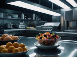 Illustration of future technology of creating food with and synthetic. photo