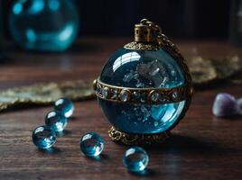 Magic amulet, crystal, mirror, sphere and potion. photo