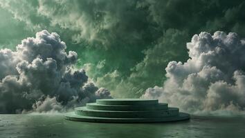 Mint green fresh abstract product podium surrounded by clouds on green fantasy backgrounds, fog, smoke, steam abstract green summer display platform backgrounds. photo