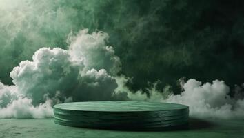 Mint green fresh abstract product podium surrounded by clouds on green fantasy backgrounds, fog, smoke, steam abstract green summer display platform backgrounds. photo