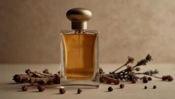 Mock up of minimal elegant perfume bottle displayed on beige backgrounds with dry flowers and perfume spices Stylish parfumerie banner. photo
