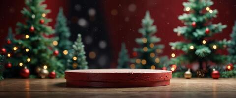 Mock up scene Podium for cosmetic and product display Stage pedestal or platform Winter Christmas red background with xmas tree. photo