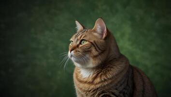 Overweight cat looking to side on green background, studio shot, concept of obesity, lose weight and indoor life, with copy space. photo