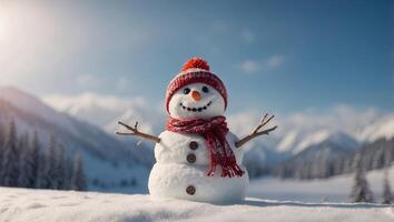 Panoramic view of happy snowman in winter secenery with copy space. photo