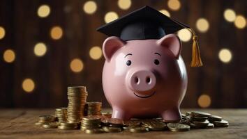Piggy Bank With Graduation Cap with coins piles on wooden background, concept of saving money for education and university. photo