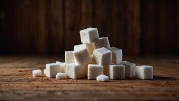 Pile of sugar cubes on wooden background with copy space, extra wide. photo