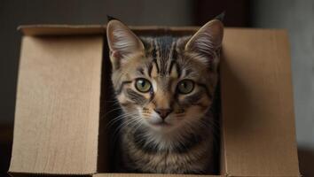 Playful and curious kitten cat looking at the camera from inside of a paper box, cat hiding inside of a paper box. photo