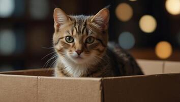 Playful and curious kitten cat looking at the camera from inside of a paper box, cat hiding inside of a paper box. photo