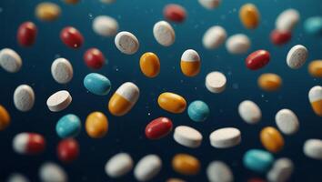 Pills falling on blue background with copy space Defocused bokeh background. photo