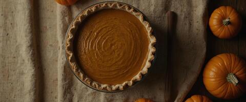 Process of making Pumpkin pie for Thanksgiving Day View from above Seasonal traditional autumn festive cake. photo