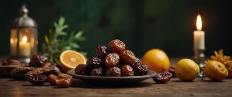 Ramadan kareem holiday background with dried dates, fruits and decorations Top view, flat lay. photo