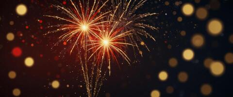 Red and Gold Fireworks and bokeh background New Year's eve concept. photo
