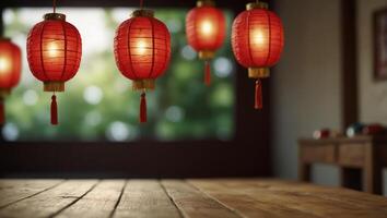 Red color of Chinese lantern hang on ceiling and cream wood tabletop perspective for show promote product on display , celebration new year concept. photo