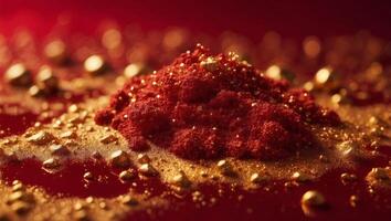 Red liquid with tints of golden glitters Red background with a scattering of gold sparkles Magic Galaxy of golden dust particles in red fluid with burgundy tints. photo
