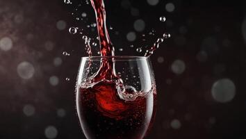 Red wine splashing with bubbles close up and Dew Point on glass, abstract wine with bubbles and foam texture background banner. photo