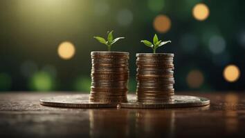 Saving money concept coin stack growing business green background. photo