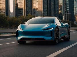 Sleek electric vehicle on a city expressway, highlighting the integration of speed and efficiency in modern transportation. photo