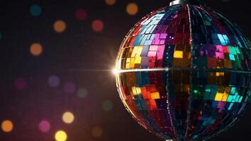 Shiny colorful disco ball with lights, with copy space. photo