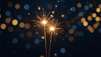 Silvester party New year background banner panorama long- sparklers and bokeh lights on dark blue night sky texture, with space for text. photo