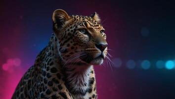 Template of a fierce leopard under colorful pink and blue neon light background, with copy space, studio shot. photo