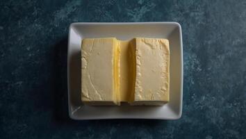 Top view of butter on white plate on blue background. photo