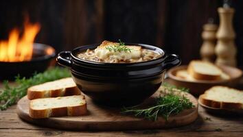 Traditional french onion soup with toast, cheese and fresh thyme in a black bowl on a wooden brown board on a rustic wooden background. photo