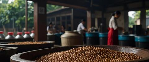 Traditional soy sauce factory, where soya beans are fermented to produce the soy sauce which is used in Vietnam cooking at a soy sauce factory in Hung Yen,VN. photo