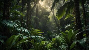 Tropical forest background, jungle background with border made of tropical leaves with empty space in center, copy space. photo