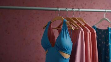 Vibrant blue swimsuit hanging on a pink background. photo