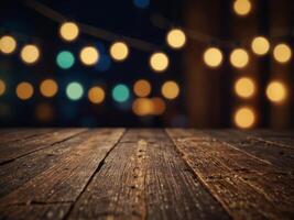 Wooden holiday empty table, night view, blurred bokeh lights background. photo