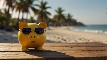 Yellow piggy bank in sunglasses standing on empty wooden table with blurred palms and beach background. photo