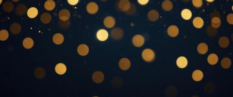abstract dark blue background with lights and gold particle, holiday golden light shine particles bokeh on navy blue background concept. photo